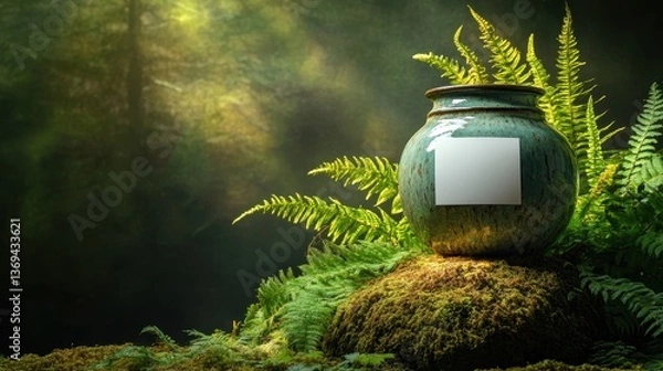 Obraz Elegant ceramic jar, blank label, surrounded by wild ferns, resting atop a moss-covered stone, warm forest glow.