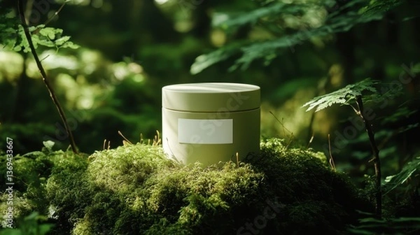 Obraz Elegant ceramic packaging, blank label, surrounded by lush moss, dappled light adding depth and texture.