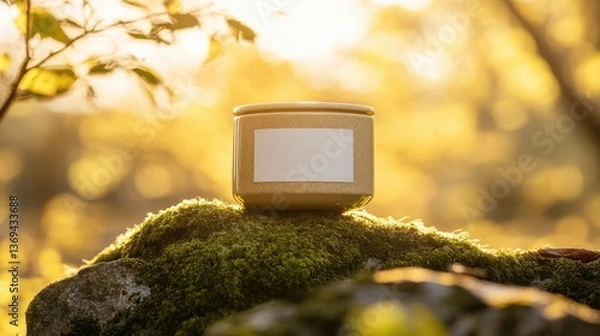 Obraz Floating ceramic container, blank label, gently hovering above mossy rock, kissed by warm golden sunlight.