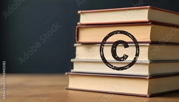 Fototapeta Stack of books with a copyright stamp, symbolizing the protection of written content and literary works, Intellectual Property Day