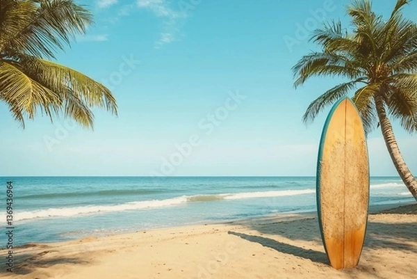 Fototapeta Surfboard and palm tree on beach with beach sign for surfing area. Travel adventure and water sport. relaxation and summer vacation concept. vintage color tone image.