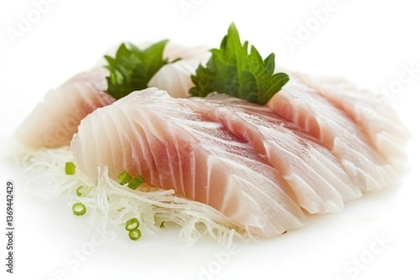 Obraz A simple yet elegant presentation of hamachi (yellowtail) sashimi, garnished with grated daikon and shiso leaf, isolated on white.