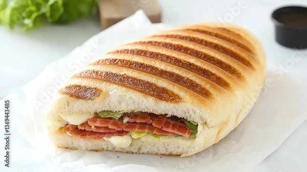 Fototapeta Closed sandwich with BLT with mayo in a panini bread, with fresh garnish, realistic food photography