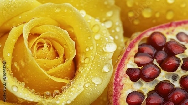 Obraz Dew-Kissed Yellow Rose and Juicy Pomegranate A Symphony of Color and Texture