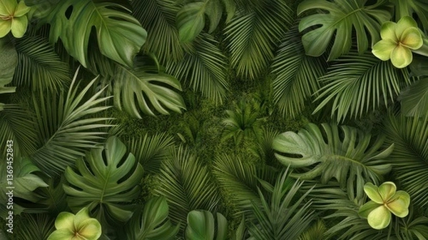Fototapeta Realistic Seamless Tropical Rainforest Foliage Background with Lush Green Leaves and Exotic Plants for Design and Print Projects