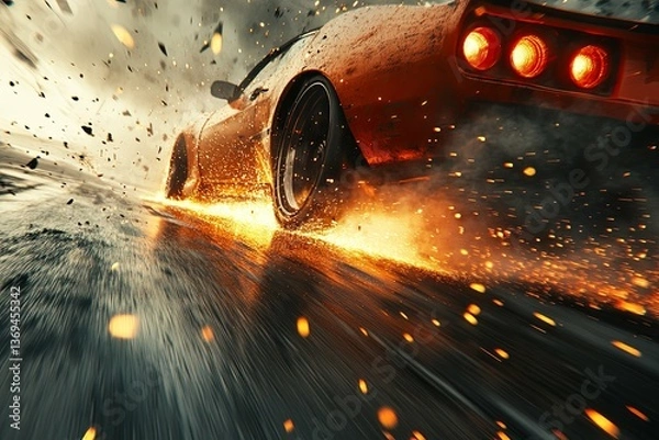 Fototapeta A fast moving sports car tires spinning generating sparks and motion
