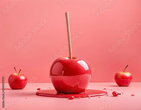 Fototapeta candied apple with glossy red coating on plain pastel pink background festive and nostalgic