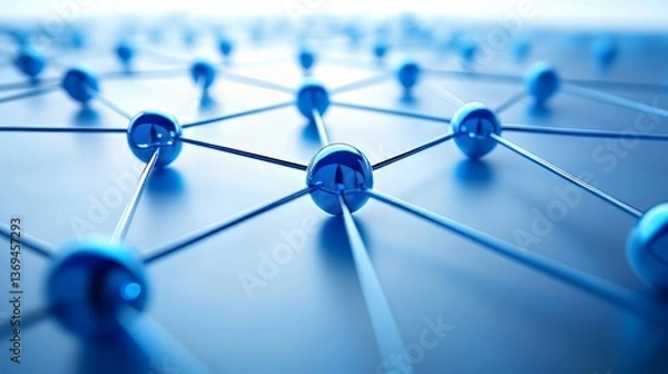 Obraz Connected network of shiny blue spheres linked by thin lines on a blue background. Geometric design.