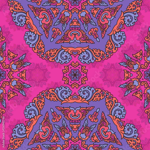 Fototapeta Vector seamless pattern ethnic style background. Vintage decorative texture for wallpapers, backgrounds and page fill. Indian, arabic motive.