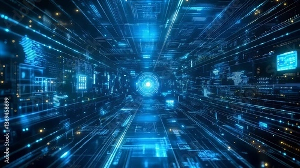 Fototapeta Abstract digital tunnel with glowing blue light. Sci-fi technology concept for networks and future tech.
