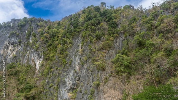 Fototapeta A sheer karst cliff against a background of blue sky and clouds. There is green tropical vegetation on the steep slopes. Philippines. Palawan.