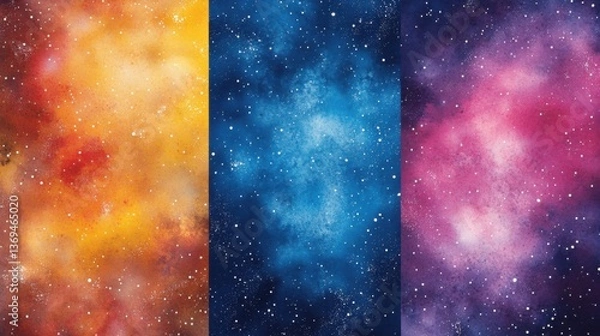Fototapeta Watercolor abstract fluid watercolor designs Watercolor Galaxy Triptych: Orange, Blue, and Purple Nebulae