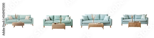 Fototapeta Beautifully designed living room featuring a comfortable pastel green sofa wooden coffee table and an inviting overall decor scheme