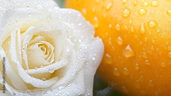 Obraz Dew-Kissed White Rose and Ripe Mango A Symphony of Textures and Colors