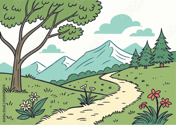 Obraz Peaceful landscape with a winding path surrounded by mountains, trees, and flowers during a clear day