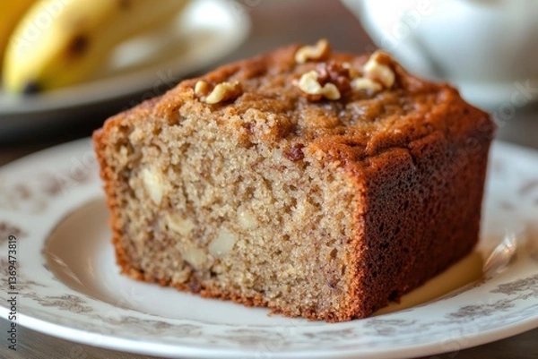 Fototapeta Banana bread slice, moist with visible walnut pieces.