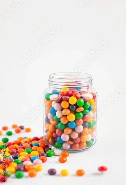 Fototapeta A clear glass jar overflowing with colorful candies sits on a pristine white background, delicious, glass jar, chocolate