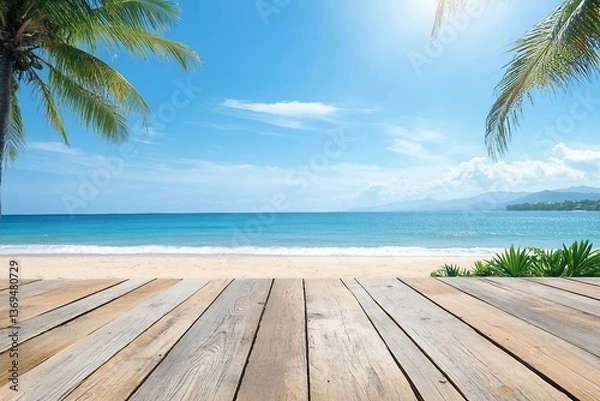 Fototapeta Wooden floors and ocean backdrop Suitable for a beach use. The beauty of nature