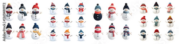 Fototapeta A cheerful and playful assortment of traditional snowman characters in various poses hats and accessories creating a festive and whimsical winter scene