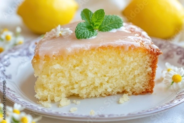Fototapeta Delicate lemon drizzle cake slice, soft and fluffy, with a tangy lemon glaze and a sprig of mint.