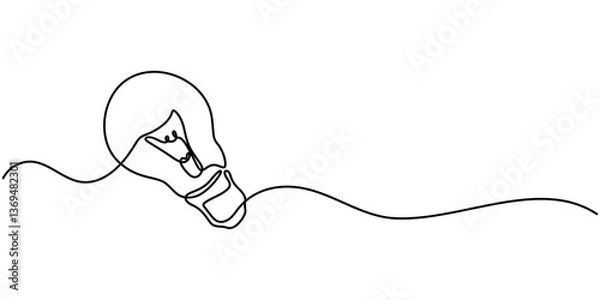 Fototapeta Continuous one single minimal line drawing lightbulb, One continuous line illustration of a light bulb, isolated on white background, Lightbulb Single Line Icon, Hanging light bulbs with one glowing.