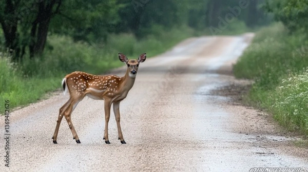 Fototapeta A curious deer stands alert on a gravel road, surrounded by lush greenery, its presence adding a touch of wilderness.