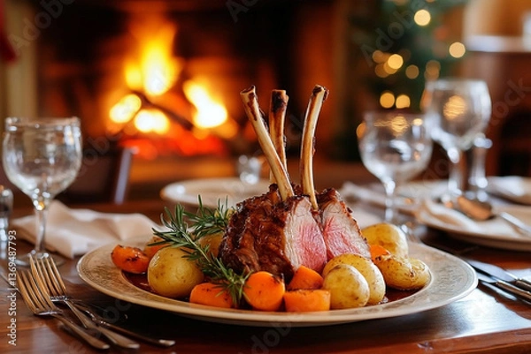 Fototapeta Festive Roast Lamb Dinner with Roasted Vegetables on a Rustic Wooden Table Near Fireplace