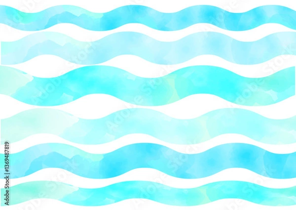Fototapeta 水彩　ブルーの波模様の背景　セット