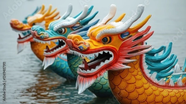 Fototapeta Colorful dragon boats lined up at the starting point on a calm river.