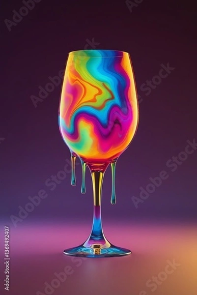 Fototapeta a life-sized tie-dye wine glass with a surreal, melted, and psychedelic appearance