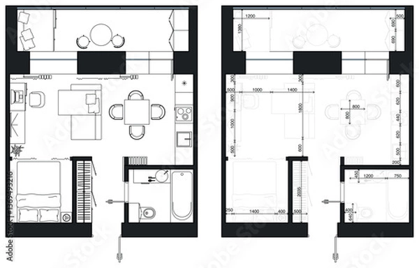 Fototapeta 
Floor plan with furniture in top view. Architectural measuring plan of apartment. Detailed studio layout with ergonomic dimensions. Vector