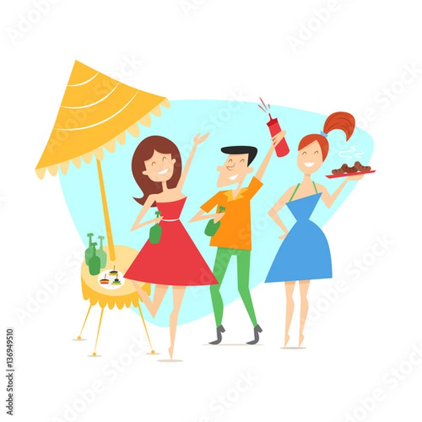 Fototapeta Summer background with cheerful friends, beers, canapes, sausage on the picnic outdoors. Vector characters in mid-century style. 1950s.