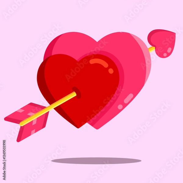Obraz Hearts with cupid arrow illustration on pink background. Pierced hearts icon element for Valentine’s Day. Love heart arrow in pink and red color design. Symbolizing romantic relationship and affection