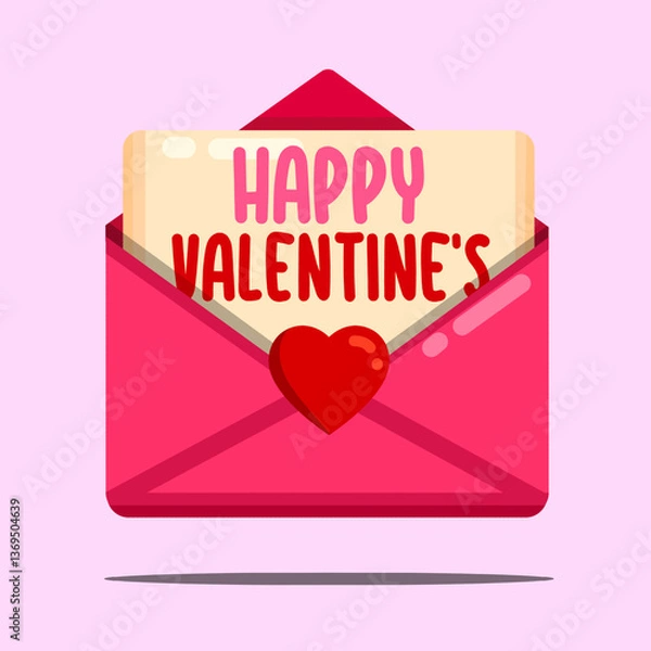 Obraz Love envelope with Happy Valentine’s sentence written inside the envelope. Valentine’s Day card with pink envelope isolated on pink background. Heart greeting card with simple design for Valentine. 
