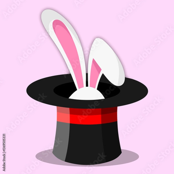Obraz Magic hat with bunny ears vector illustration. Black magician hat with white rabbit ears isolated on pink background. Element for circus show, magic show, and entertainment party. Bunny inside top hat