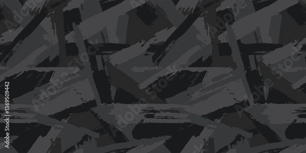 Obraz Grunge urban camouflage, black fashion design. Dirty brush stroke hand draw camo, military pattern. Army uniform, fashionable fabric print. Vector seamless monochrome texture