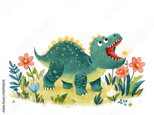 Fototapeta Whimsical Illustration of a Curious Baby Beipiaosaurus Sniffing Flowers Amidst Lush Foliage, Rendered in Watercolor Style with Charming Details