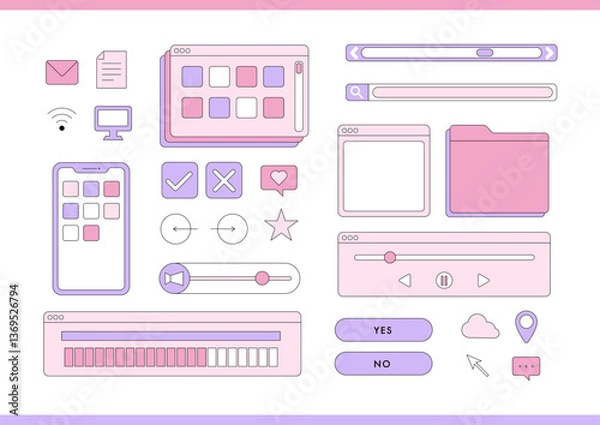 Obraz Web アイコンとフレームのデザインセット ピンク 紫 モダン