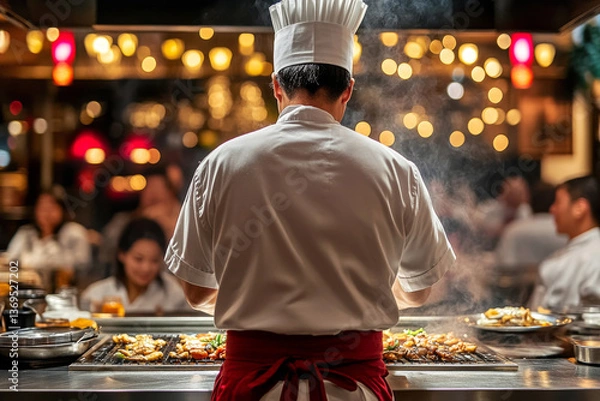 Obraz A teppanyaki chef prepares sizzling food on a grill while guests watch in a warmly lit restaurant.