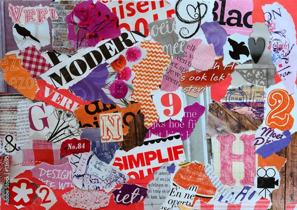 Fototapeta collage mood board made of old magazine paper in pink orange, red colors results in modern art