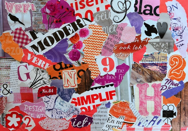 Fototapeta collage mood board made of old magazine paper in pink orange, red colors results in modern art