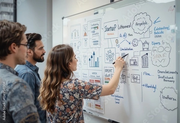 Fototapeta Collaborative brainstorming session in an office space with a whiteboard