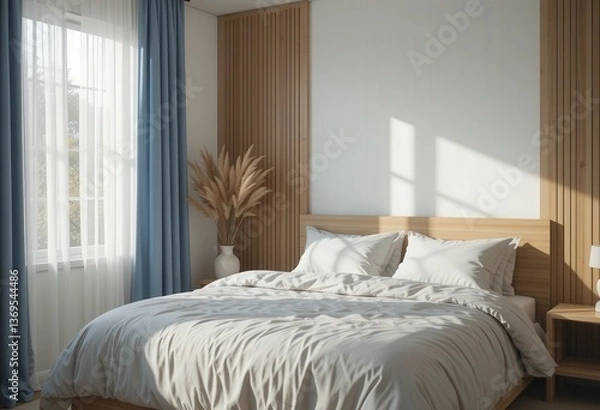 Fototapeta minimalist modern bedroom with a light blue  and beige duvet and wooden headboard, bathed in soft sunlight through sheer curtains,