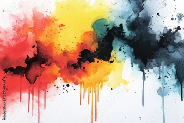 Fototapeta Abstract Watercolor Explosion Red with Yellow, Blue, and Black Splashes.