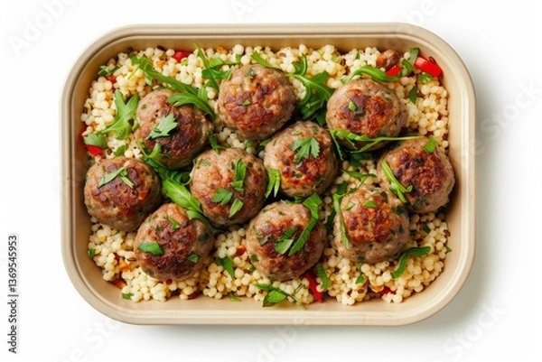 Obraz Eco-Friendly Rectangular Container with Healthy Meatballs and Couscous