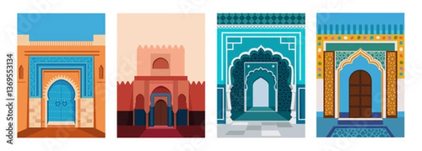 Fototapeta Eastern architecture. Arabic design. Doors and arches. Set of vector vertical illustrations.
