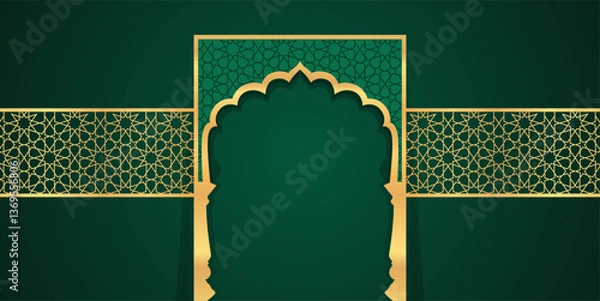 Fototapeta Ramadan Kareem concept banner with gold frame. Traditional arabic design. Horizontal green banner template. Vector illustration