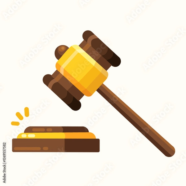 Obraz Judge gavel icon in brown and yellow color. Wooden lawyer hammer icon. This design is perfect for representing legal, justice, and law. Elements for judge, lawyer, and auction. Vector illustration. 