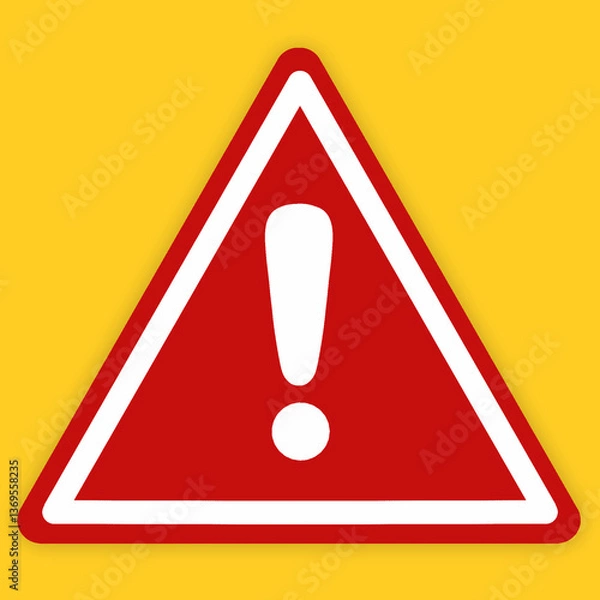 Obraz Hazard warning triangle sign with exclamation mark symbol isolated on yellow background. Red caution warning sign vector illustration in simple style. Design for logo, website, or industrial element