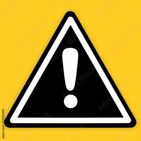 Obraz Hazard warning triangle sign with exclamation mark symbol isolated on yellow background. Black caution warning sign vector illustration in simple style. Design for logo, website, or industrial element